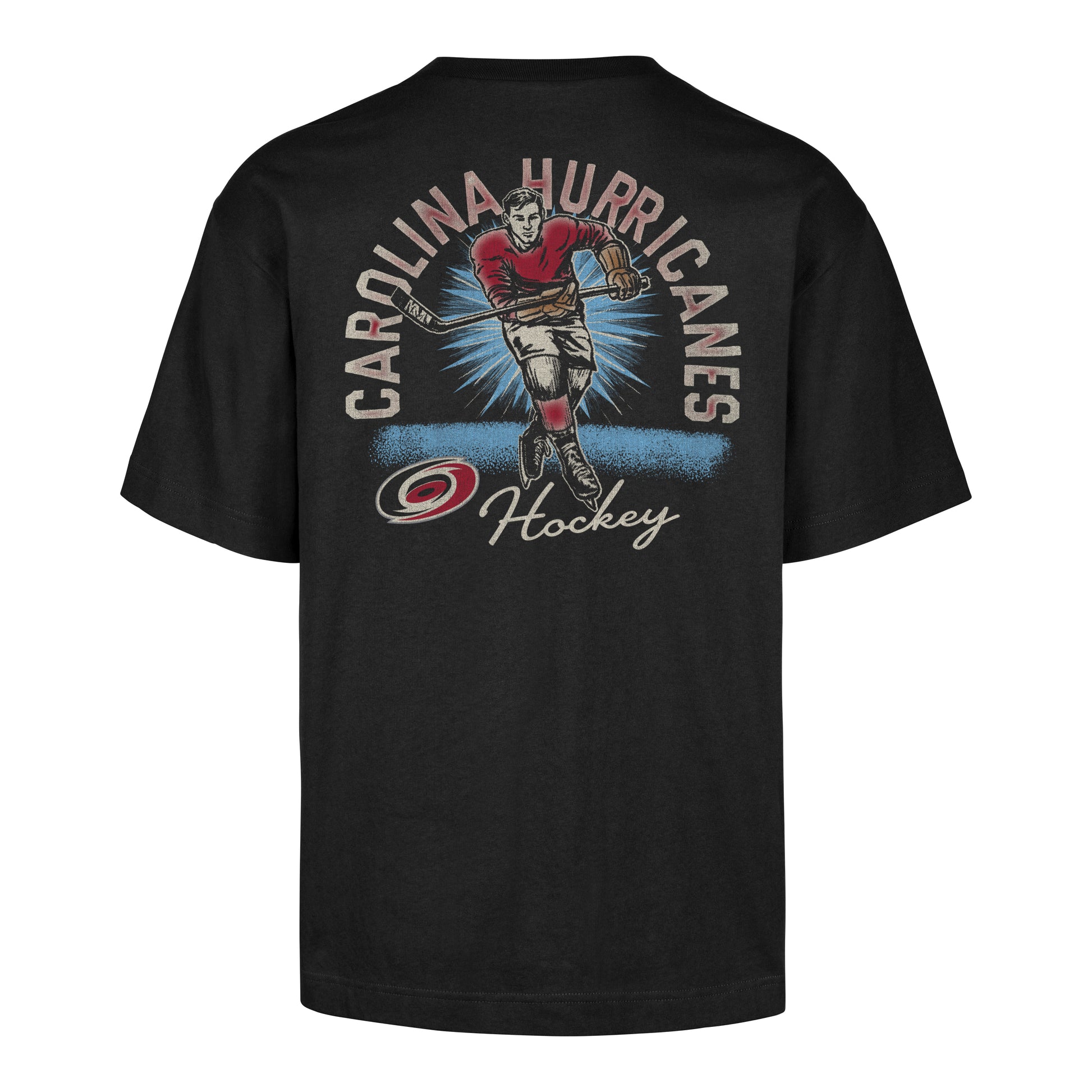 Back: "CAROLINA HURRICANES" arched around old-school hockey player, "Hockey" below player