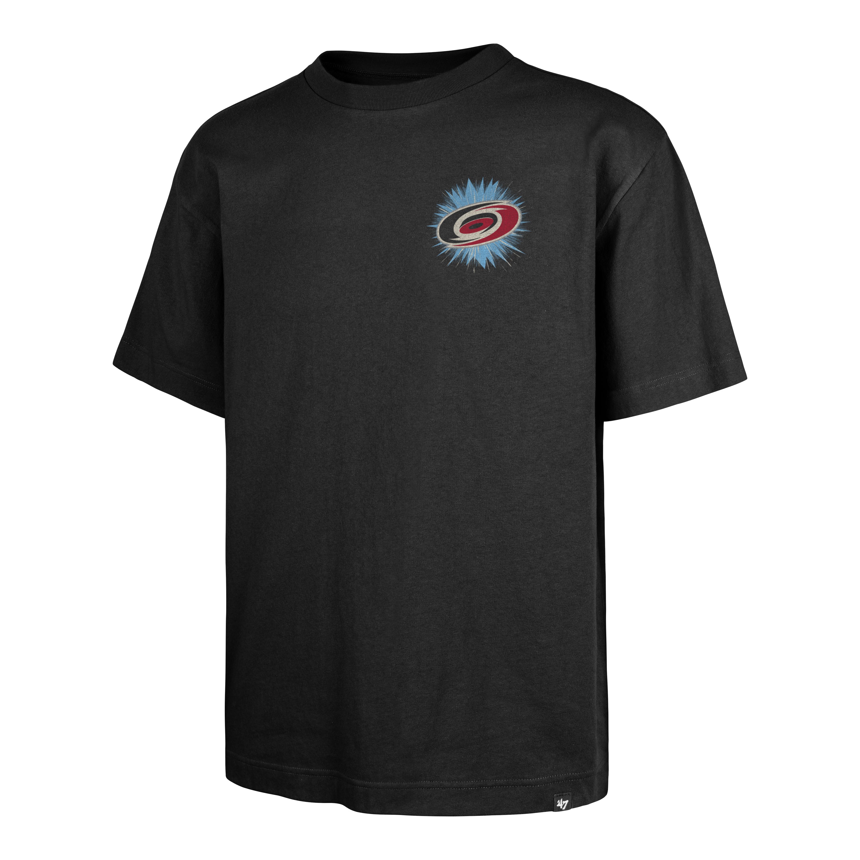 Front: Black tee, Primary logo on left chest over blue backdrop