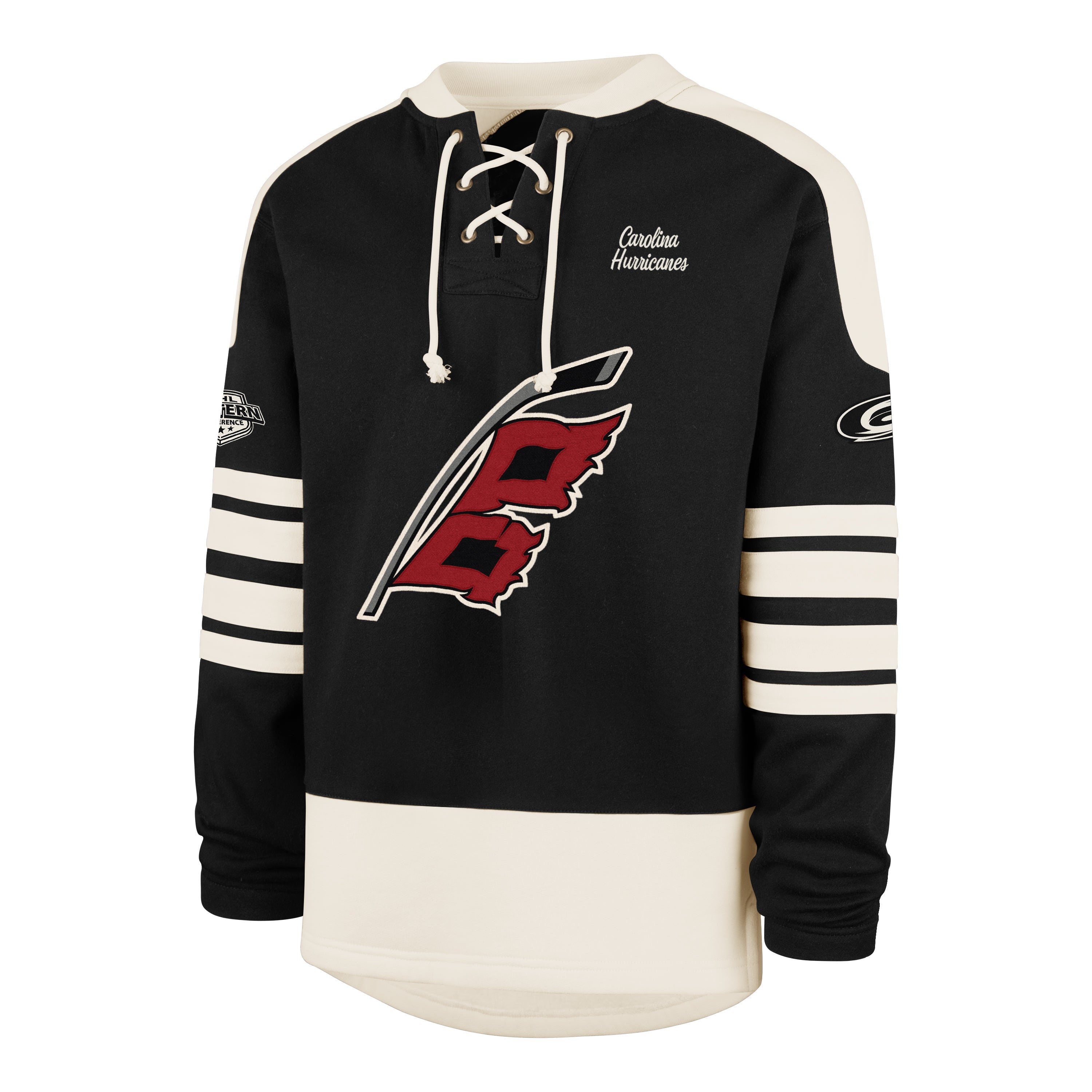 Front: Black lacer with white striping/shoulders, Flags logo on front, "Carolina Hurricanes" on left chest