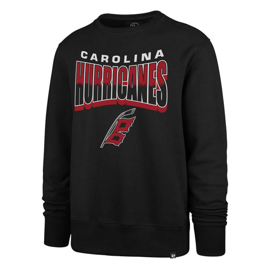Front: Black crewneck, "CAROLINA" in white, "HURRICANES" in red/black gradient with Flags logo