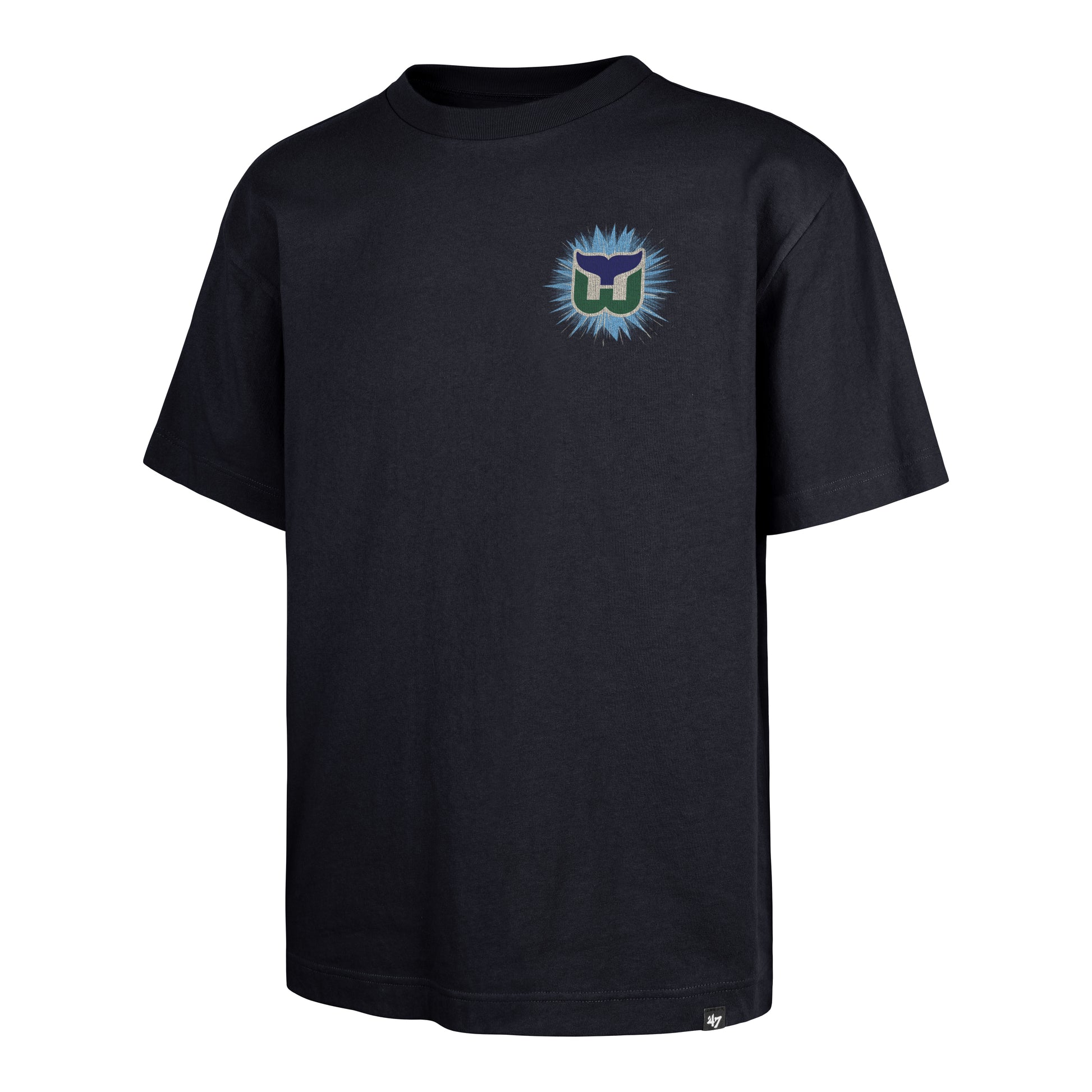 Front: Navy tee, Whalers tail logo on left chest on top of light blue backdrop