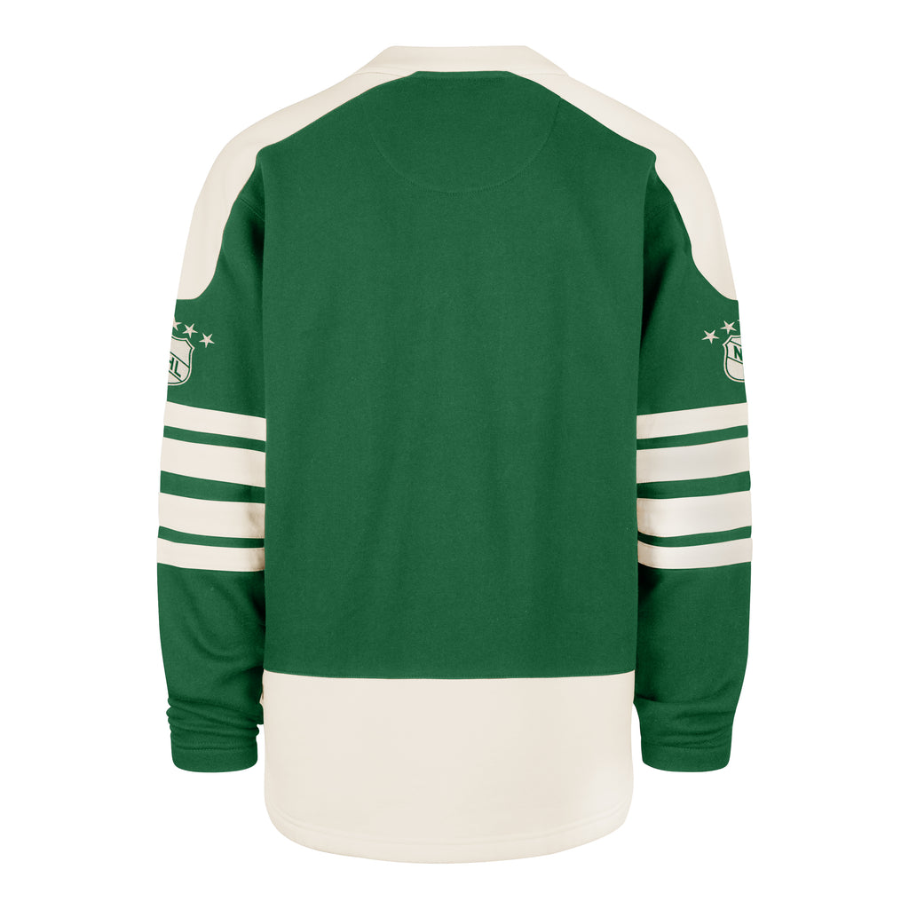 Back: Green sweater with white trim, retro NHL logo on both sleeves