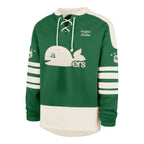 Front: Green lacer with white trim, Pucky Whalers logo, "Hartford Whalers" in cursive on front