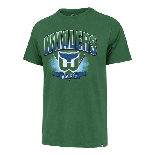 Front: Green tee, "Whalers" in green/blue gradient, with Whalers tail logo, "Hockey" on blue banner