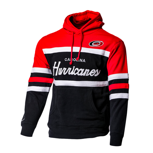 Front: Black, red, and white hoodie with striping, Carolina Hurricanes written across middle