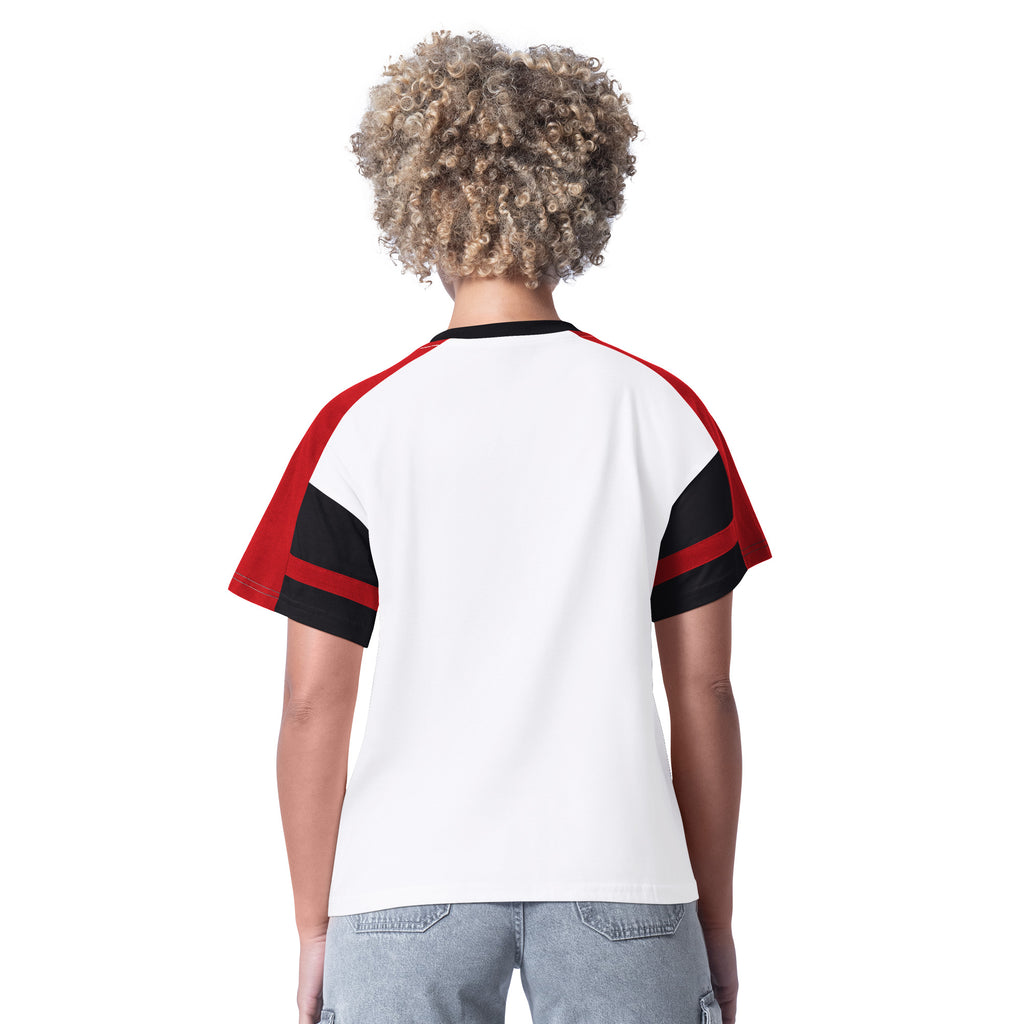 Back: White tee with red/black trim