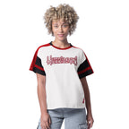 Front: White tee with red/black trim, "Hurricanes" across chest, Flags logo at left hip