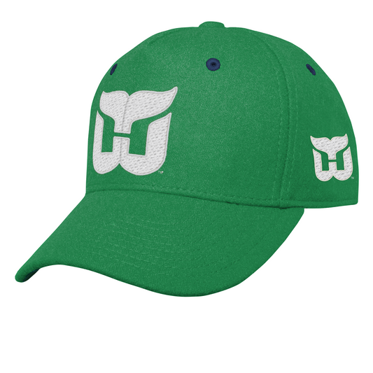 Front: Green hat with navy eyelets, White Whalers logo on front and left side