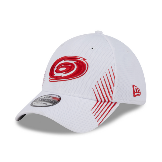 Side: White hat, red and white Hurricanes primary logo on front, red-lined pattern on sides