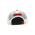 Back: White meshback, black and red snapback straps, "STORMY" in red above straps