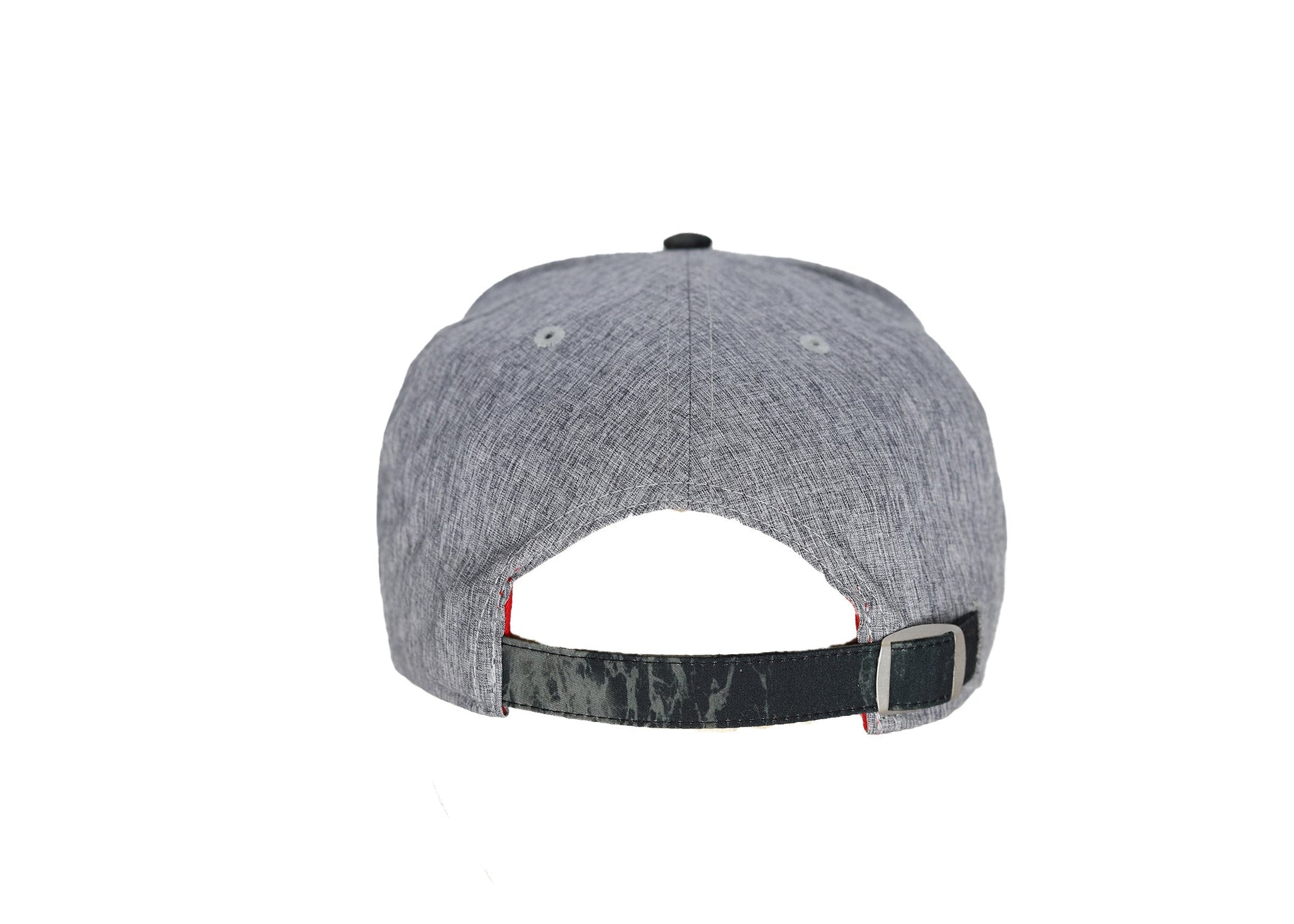 Back: Gray hat with adjustable strap and clasp