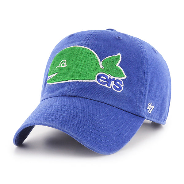 Blue hat with Pucky Whalers logo on front, white 47 logo on left side