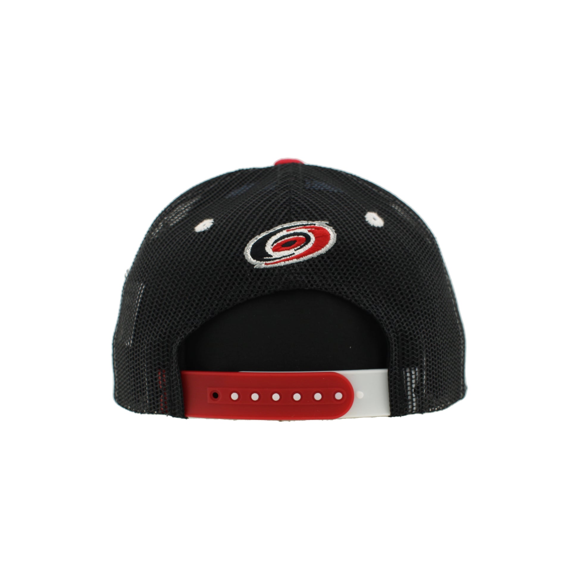Back: Black meshback with red and white snapback straps, Primary logo above straps