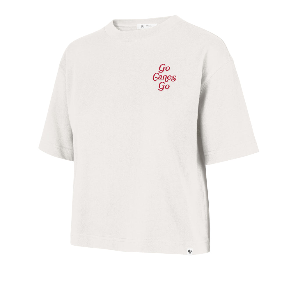 Front: Off-white tee, "Go Canes Go' in red cursive on left chest