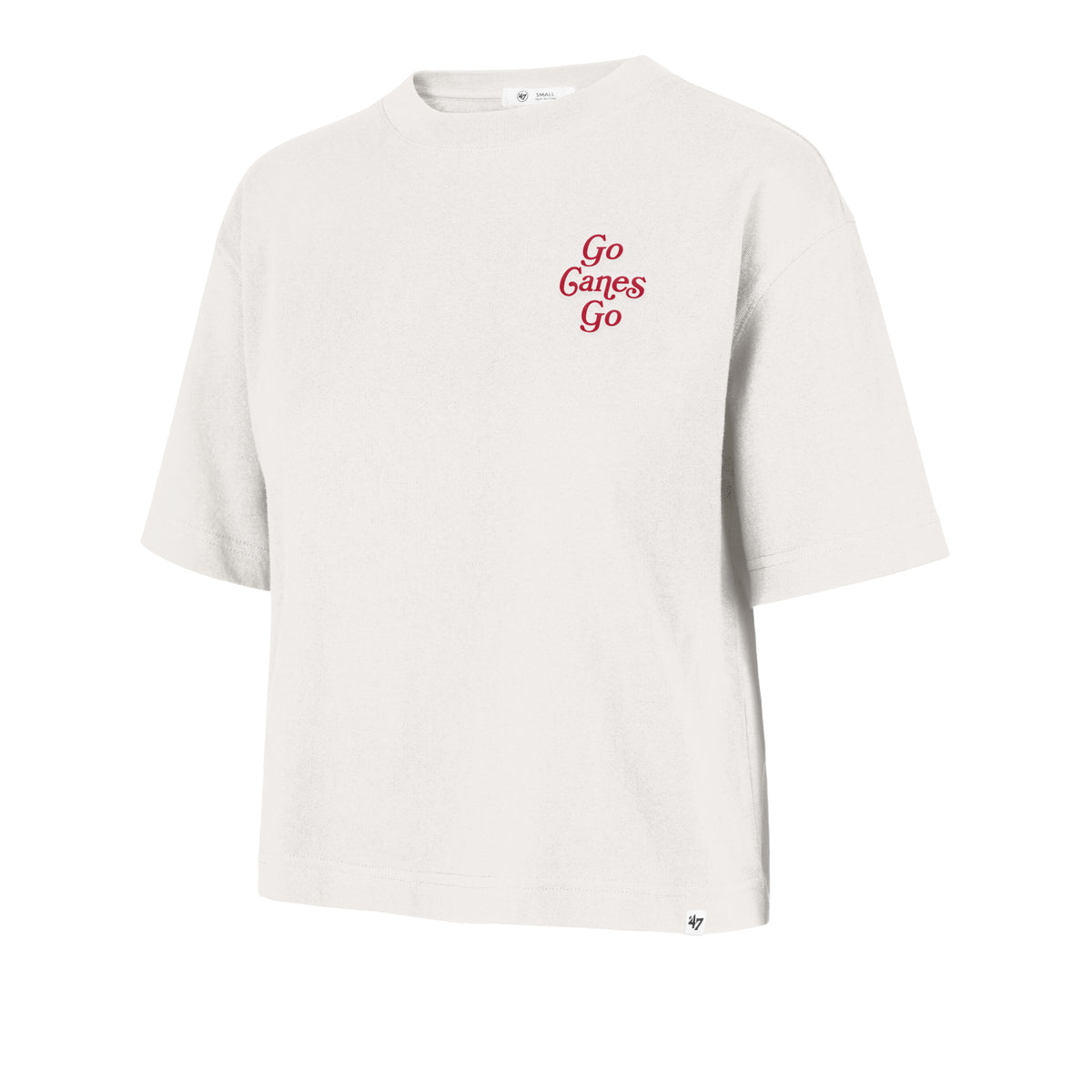 Front: Off-white tee, "Go Canes Go' in red cursive on left chest