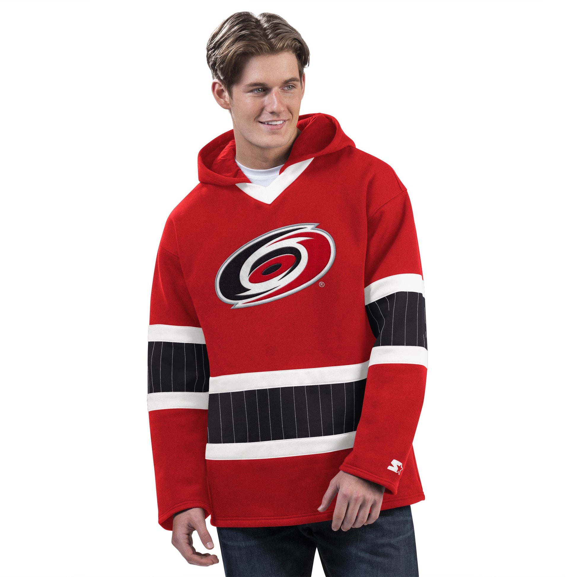 Front: Red hoodie with black and white striping, primary logo on front, Starter logo on left wrist