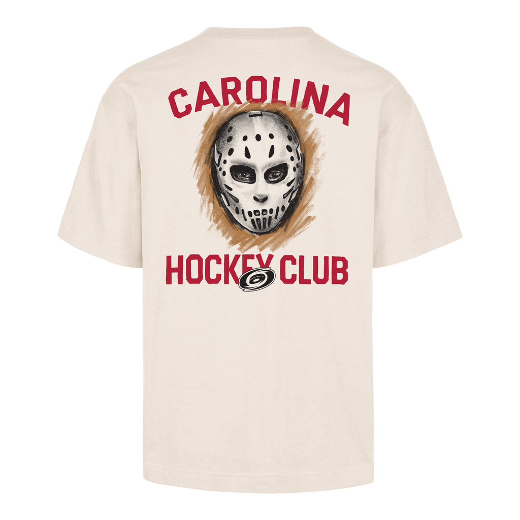 BACK: "CAROLINA HOCKEY CLUB" in red around sketch-style art of old-school goalie mask
