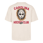 BACK: "CAROLINA HOCKEY CLUB" in red around sketch-style art of old-school goalie mask
