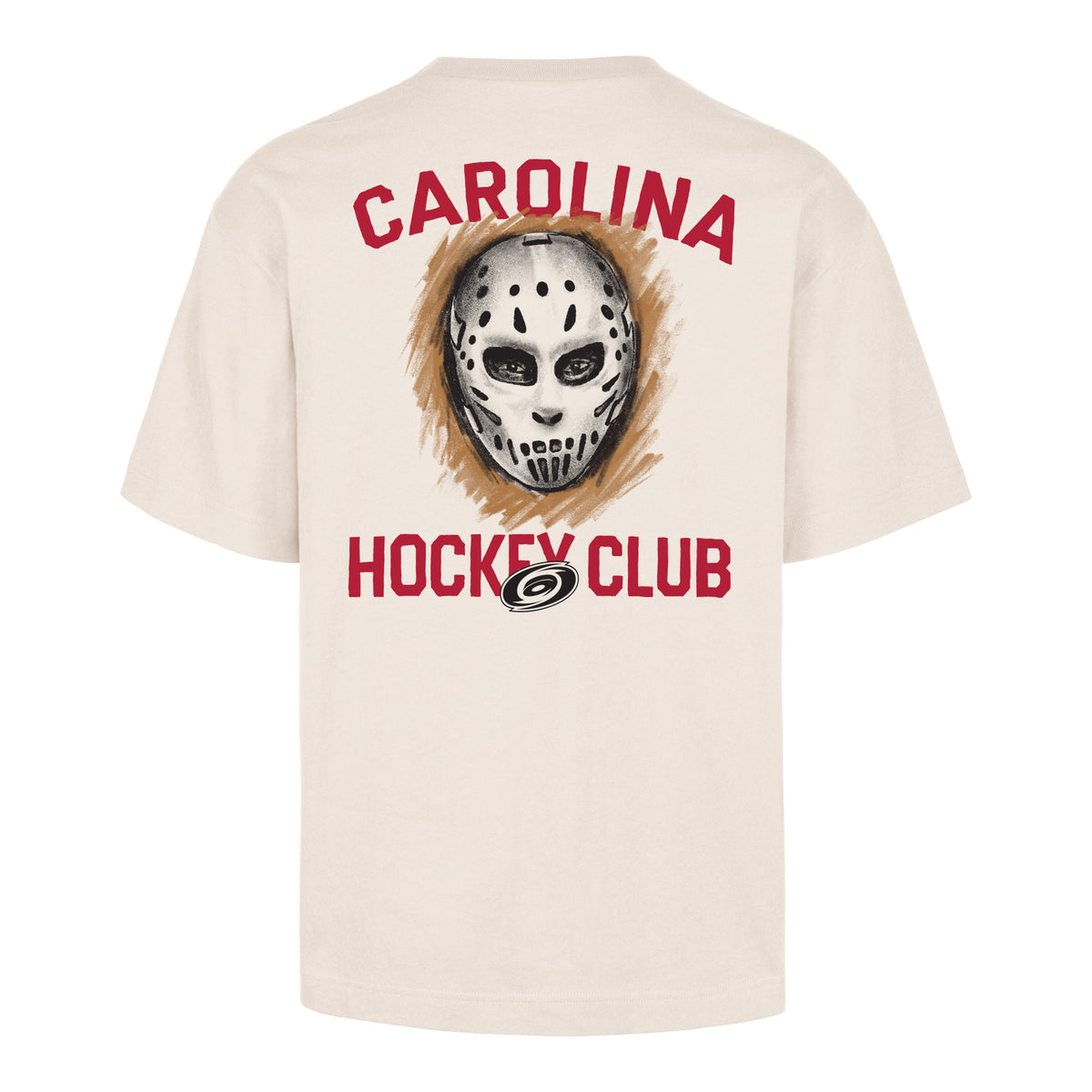 BACK: "CAROLINA HOCKEY CLUB" in red around sketch-style art of old-school goalie mask