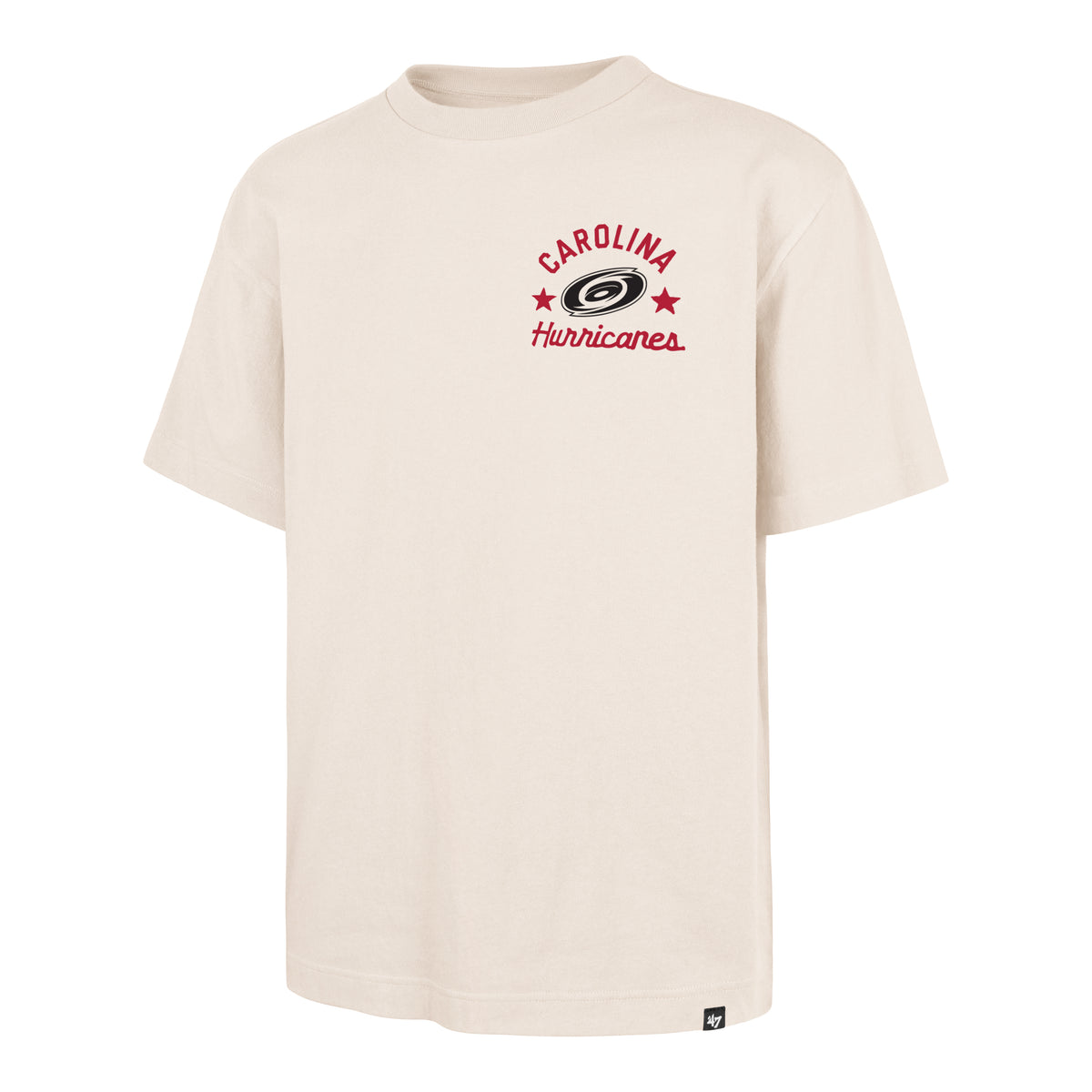 Front: Cream tee, "CAROLINA Hurricanes" in red with 2 stars, black Primary logo in between stars