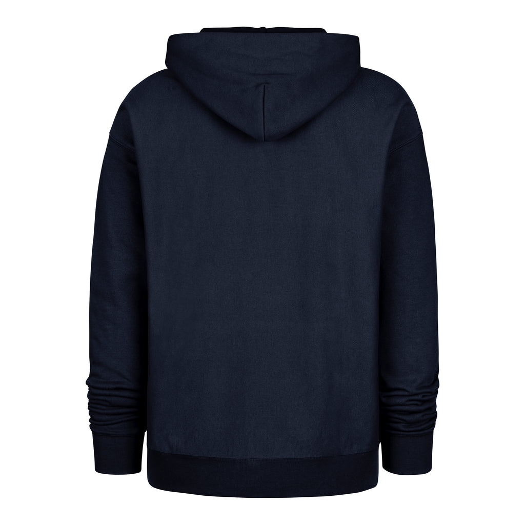 Back: Navy blue hoodie, no design on back