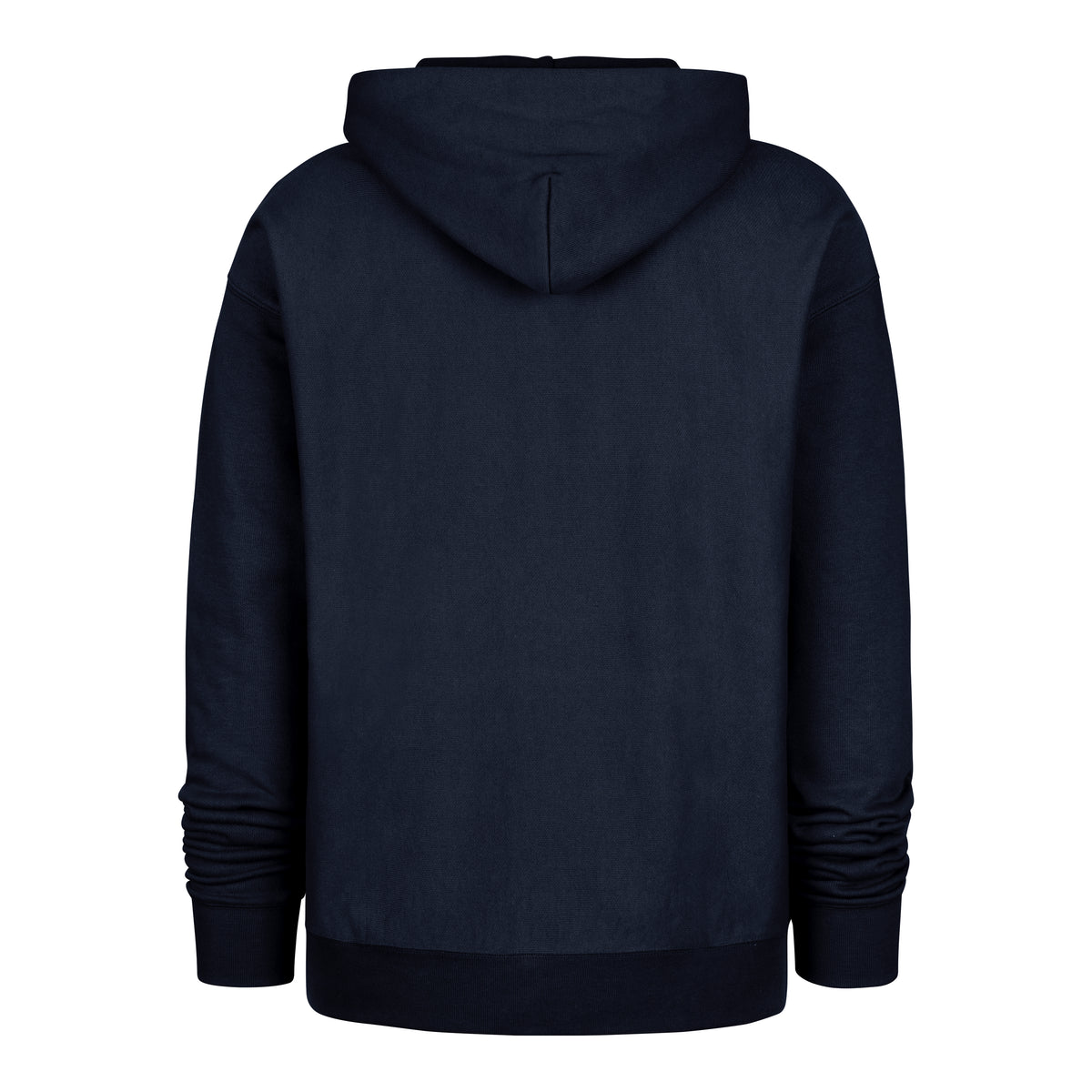 Back: Navy blue hoodie, no design on back