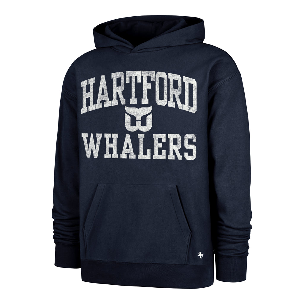 Front: Navy blue hoodie, "HARTFORD", Whalers Tail logo, & "WHALERS" on front in white