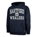 Front: Navy blue hoodie, "HARTFORD", Whalers Tail logo, & "WHALERS" on front in white