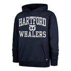 Front: Navy blue hoodie, "HARTFORD", Whalers Tail logo, & "WHALERS" on front in white