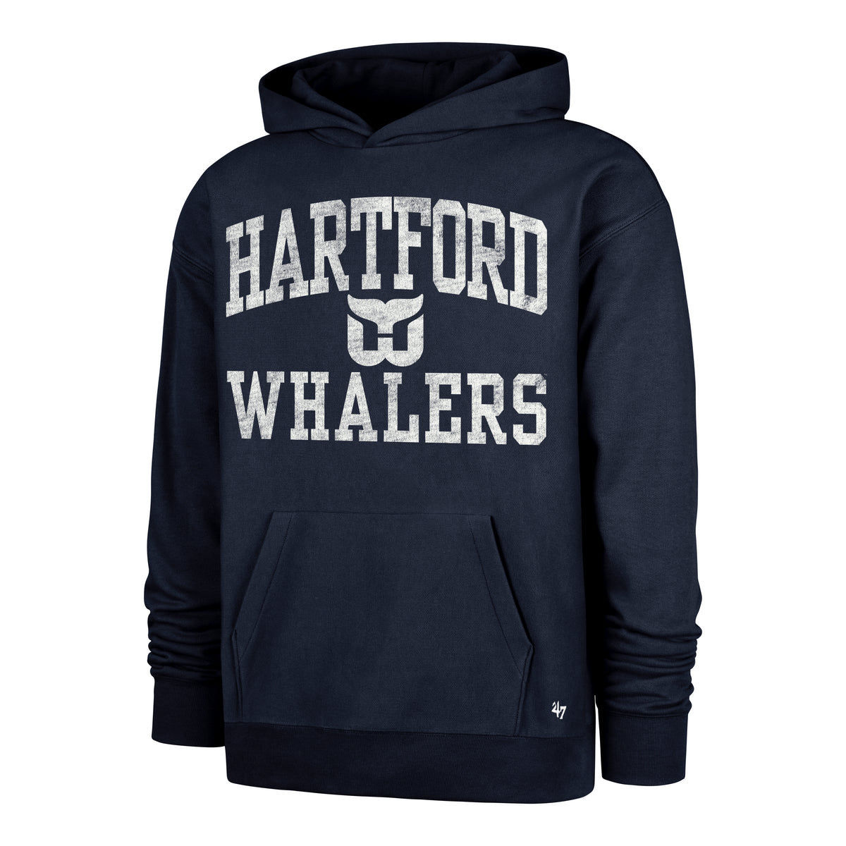 Front: Navy blue hoodie, "HARTFORD", Whalers Tail logo, & "WHALERS" on front in white