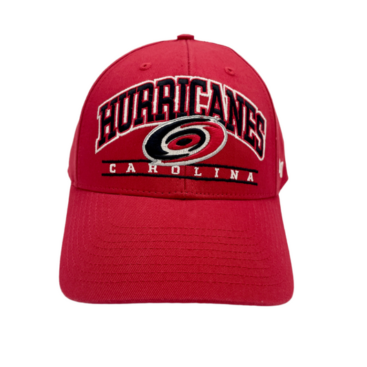 Front: Red hat, graphic that says Carolina Hurricanes in red, white, and black with primary logo