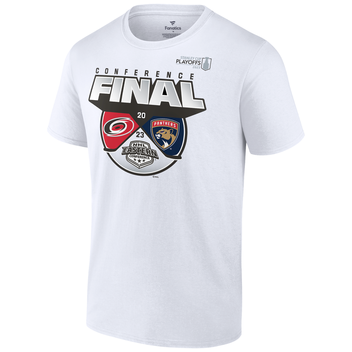 Front: White tee with Hurricanes and Panthers 2023 Eastern Conference Final graphic