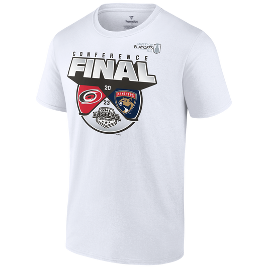 Front: White tee with Hurricanes and Panthers 2023 Eastern Conference Final graphic