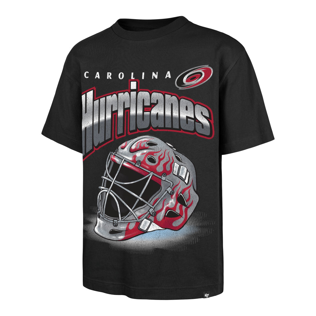 Black tee, art of Gray/Red goalie mask with flames, "Carolina Hurricanes" above mask