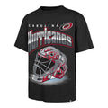 Black tee, art of Gray/Red goalie mask with flames, "Carolina Hurricanes" above mask
