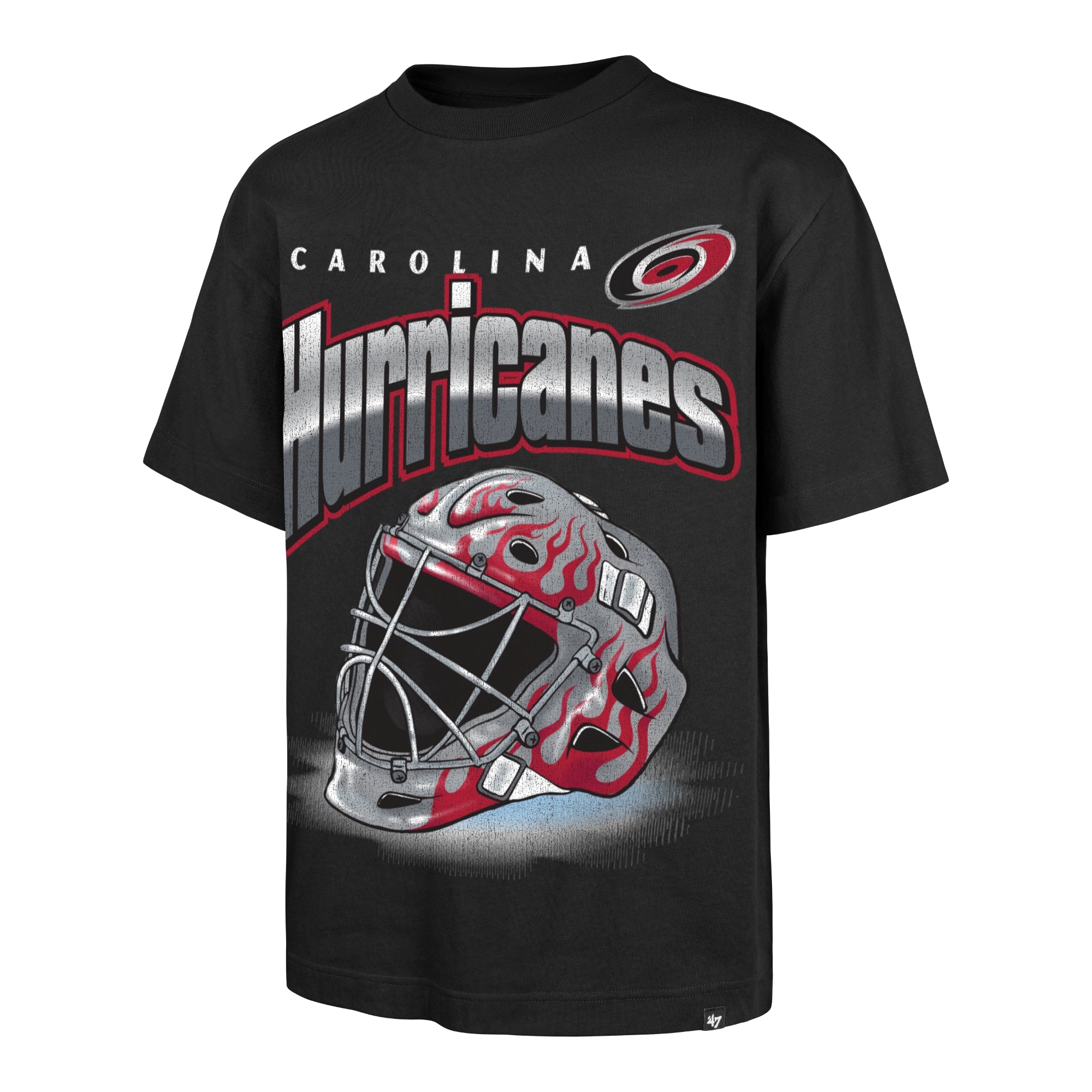 Black tee, art of Gray/Red goalie mask with flames, "Carolina Hurricanes" above mask