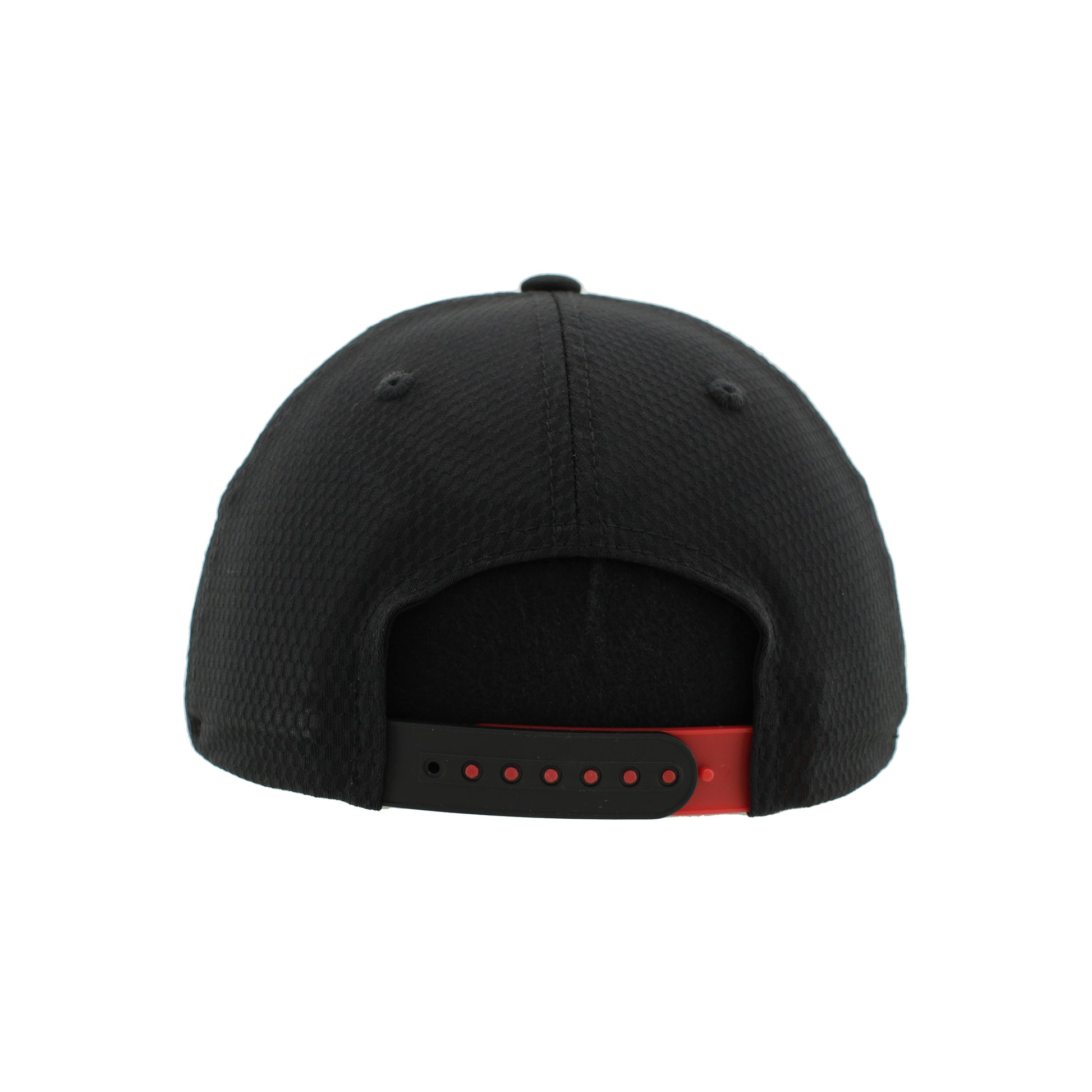 Back: Black hat with black and red adjustable snapbacks