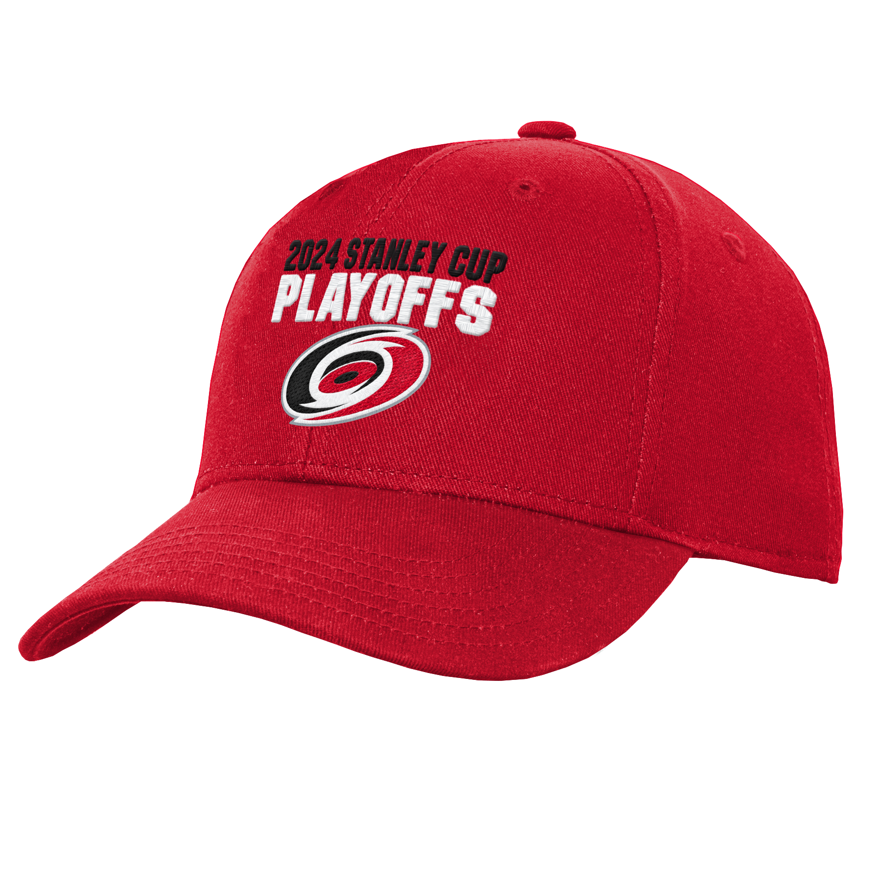 Front: red hat that says 2024 Stanley Cup Playoffs in black and white with primary logo