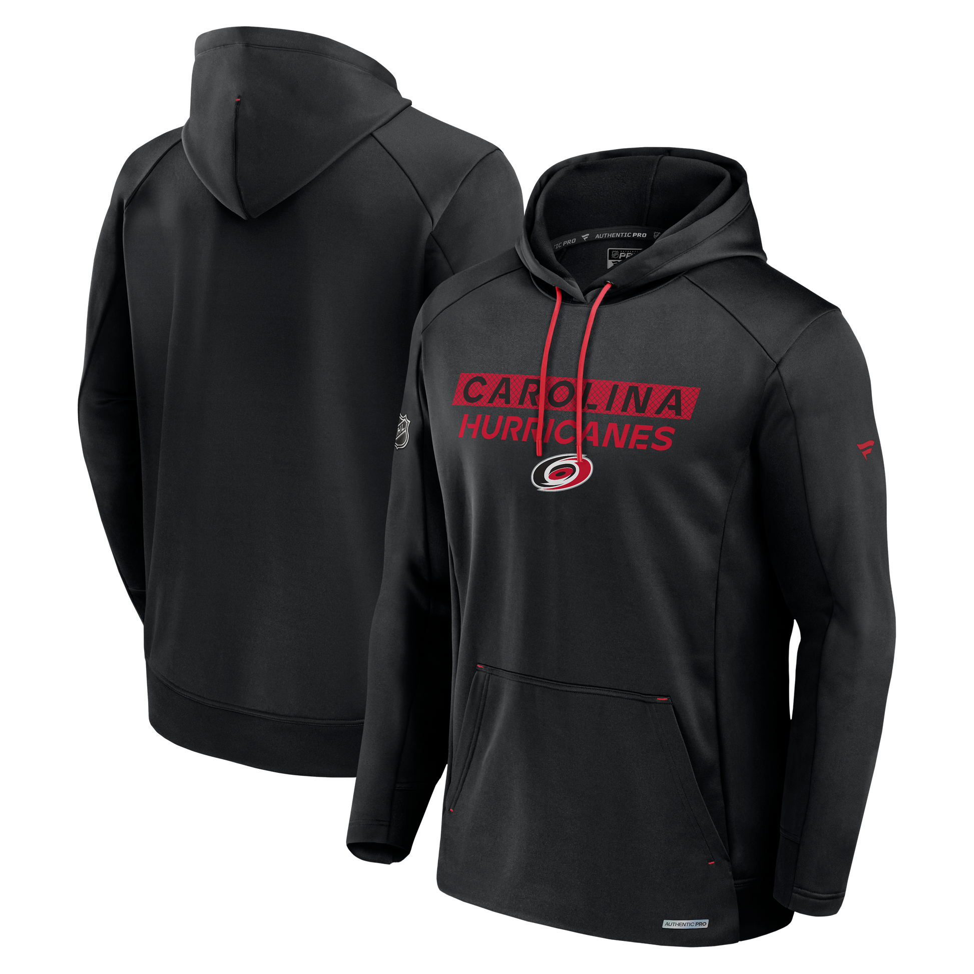 Front/Back: Black hoodie with red and black graphic that says Carolina Hurricanes with primary logo on front