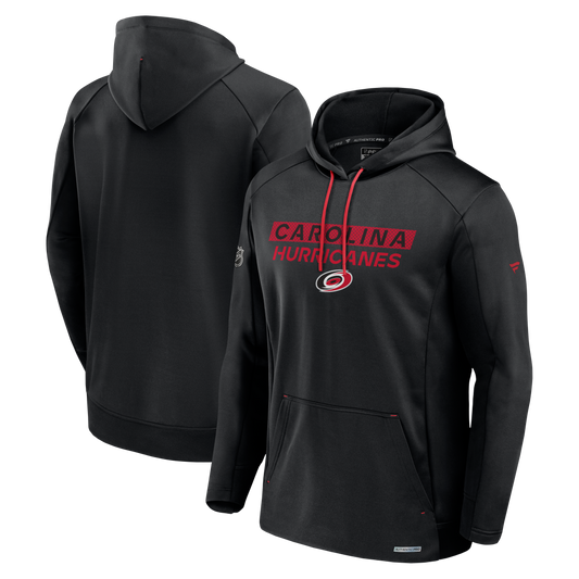 Front/Back: Black hoodie with red and black graphic that says Carolina Hurricanes with primary logo on front