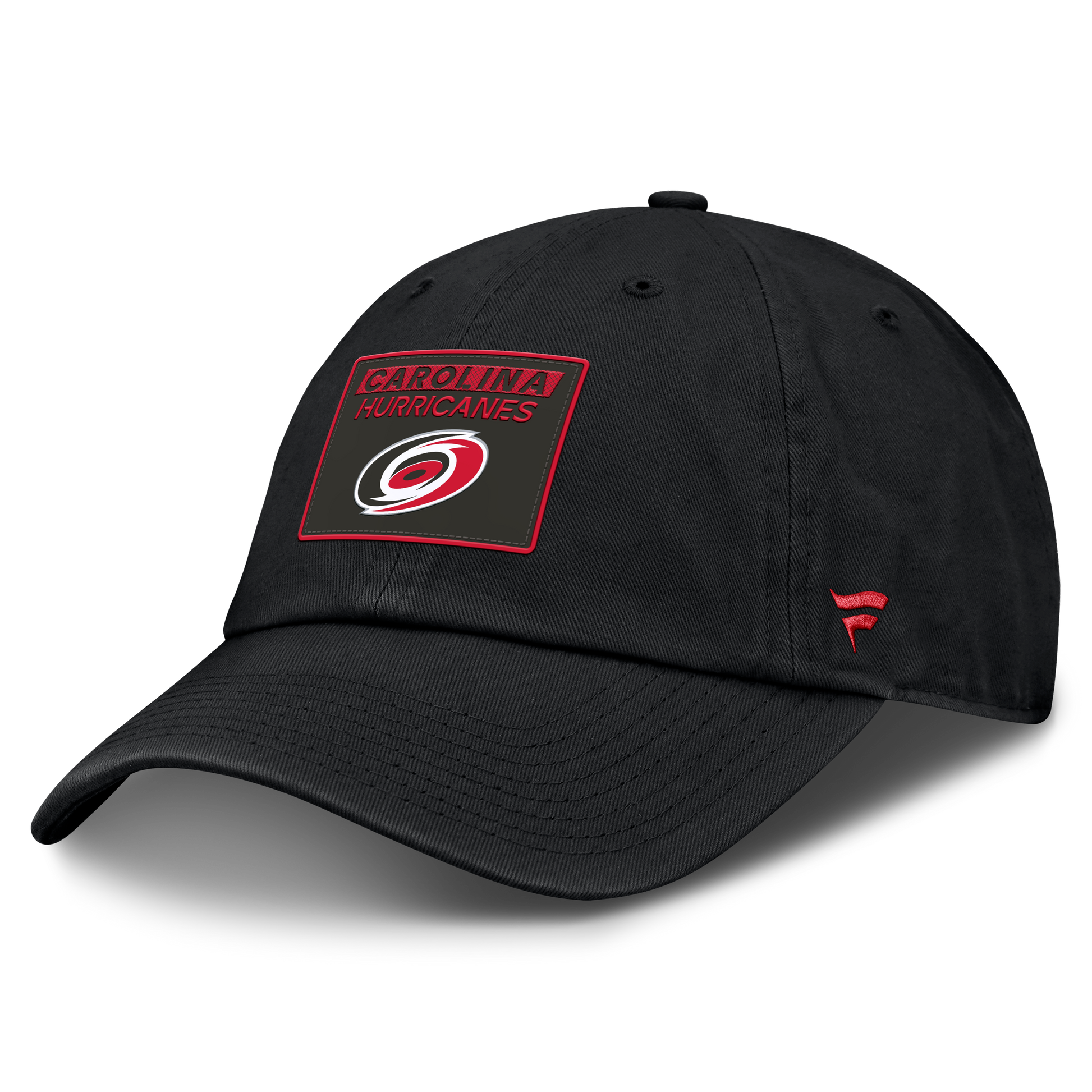 Side: Black hat with red and black Carolina Hurricanes patch on front, red Fanatics logo on left