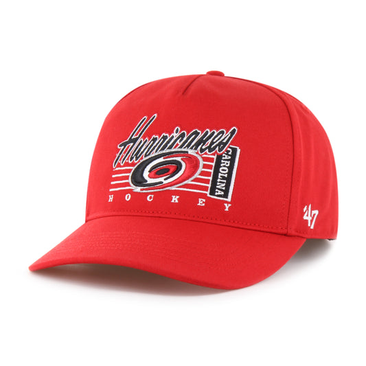 Front: Red hitched hat with Carolina Hurricanes Hockey graphic on front, white 47 logo on left