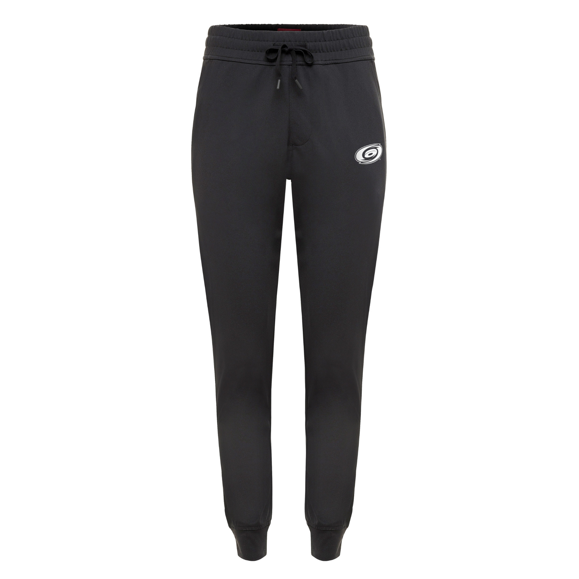 Black pants with drawstrings, primary logo in white on left pant