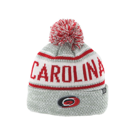 gray, white and red cuffed beanie with pom, primary logo on cuff, CAROLINA in red on front