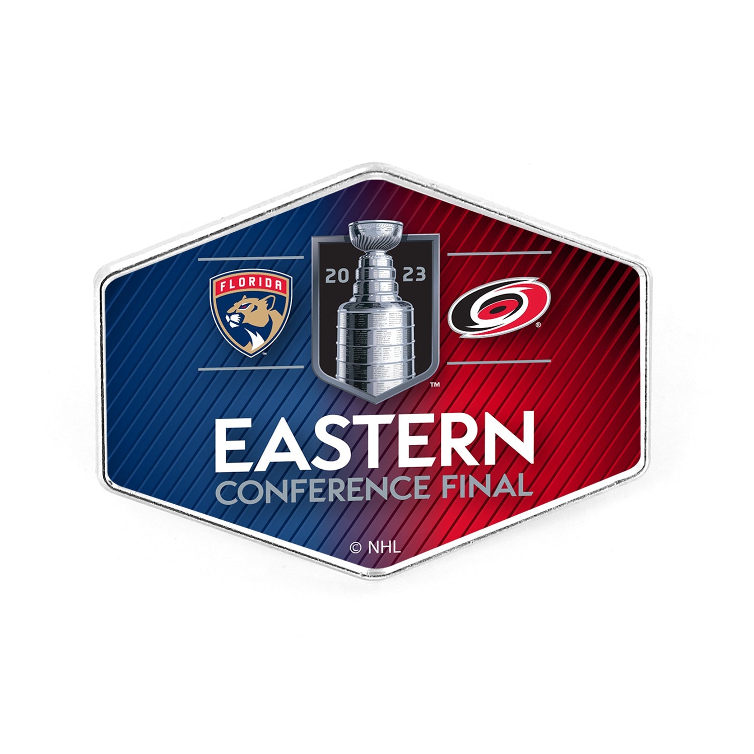 red and blue pin with 2023 Eastern Conference Final logo with Hurricanes and Panthers logos