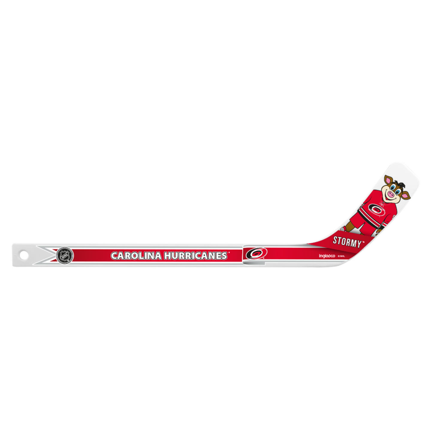 white mini hockey stick with Stormy the Ice Hog graphic