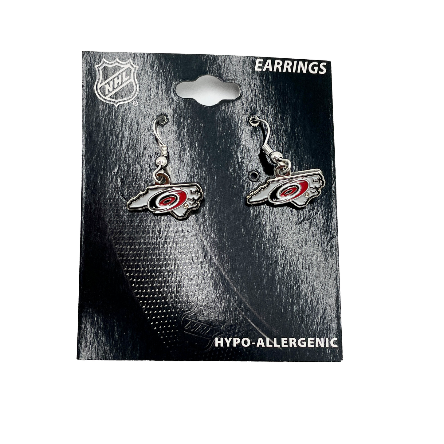 Silver dangler earrings in the shape of North Carolina with Hurricanes primary logo in center