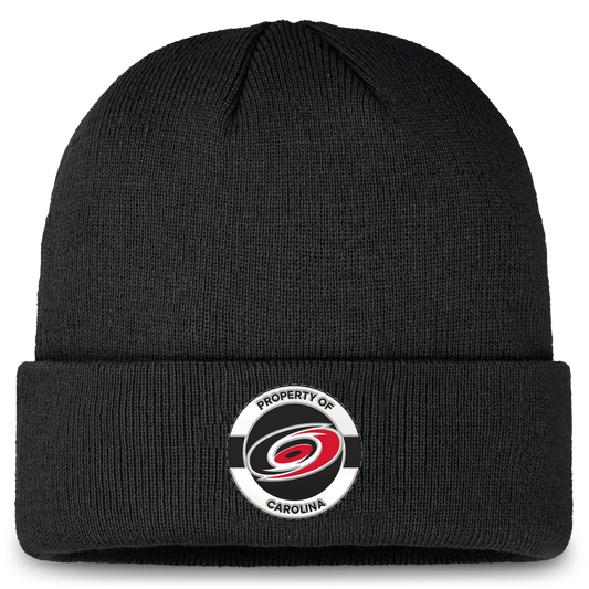 Front: Cuffed black beanie with Property of Carolina graphic on cuff