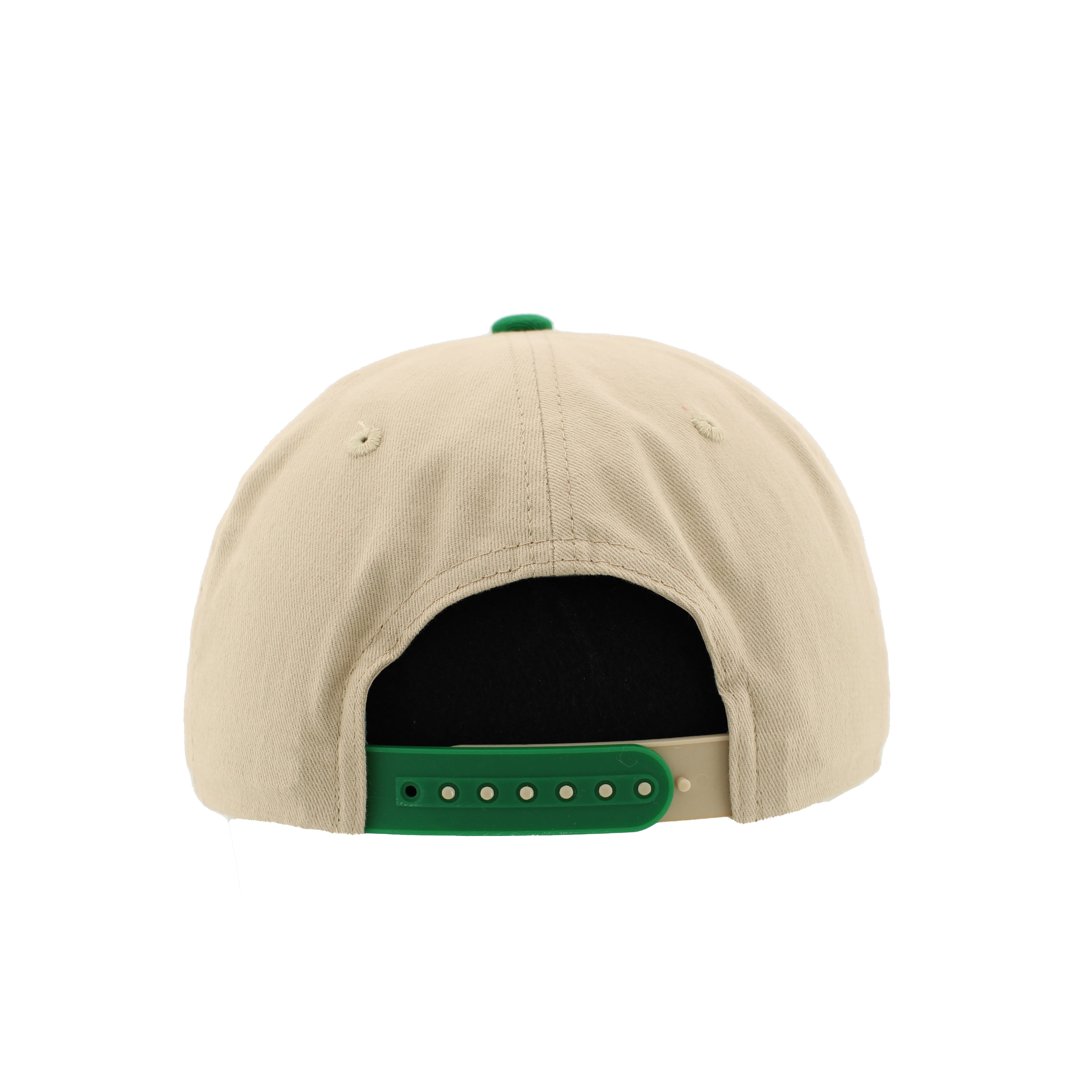 Back: Beige hat, green crown, green and beige snapback straps