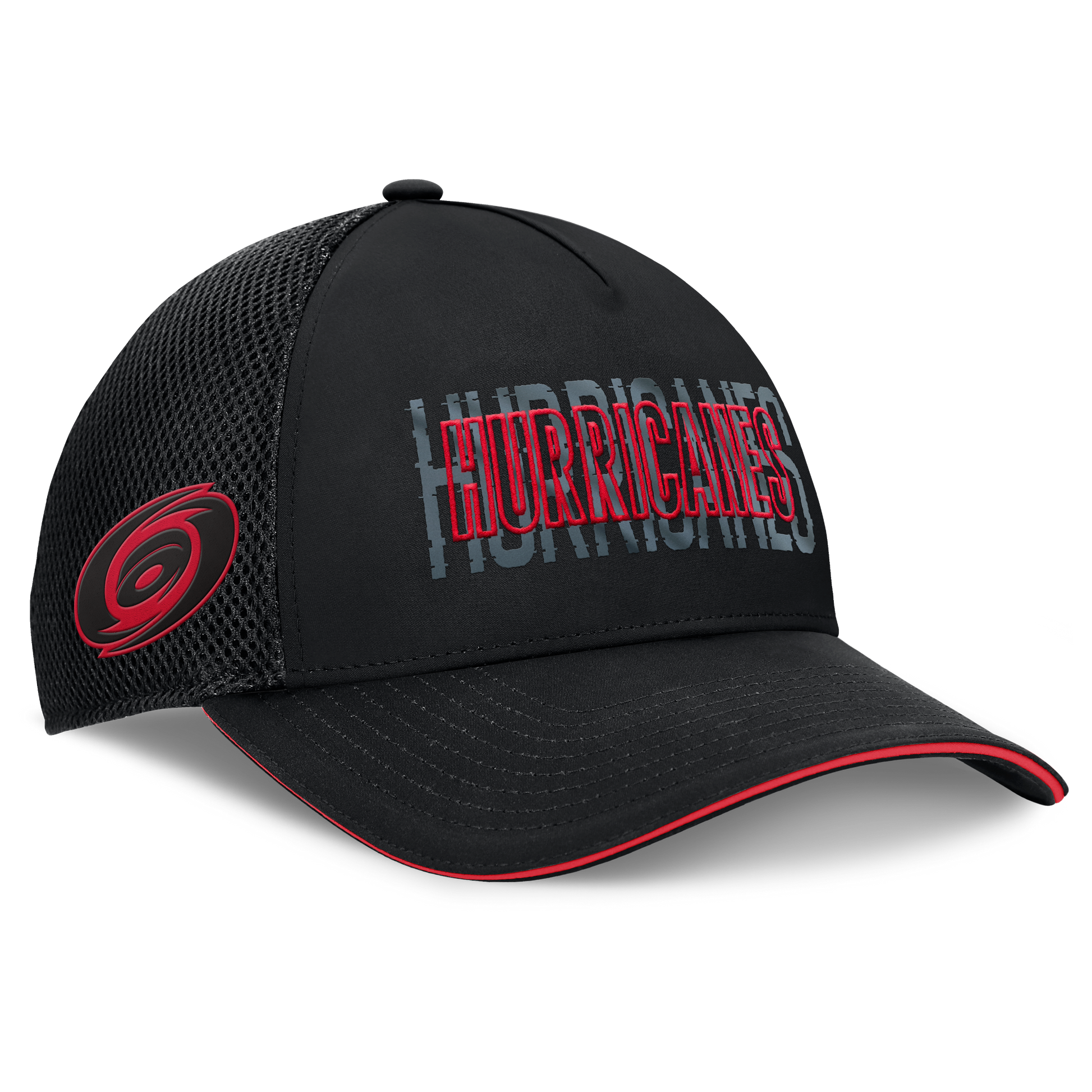 Right: Black hat that says Hurricanes on front in red and gray, tonal primary logo on right